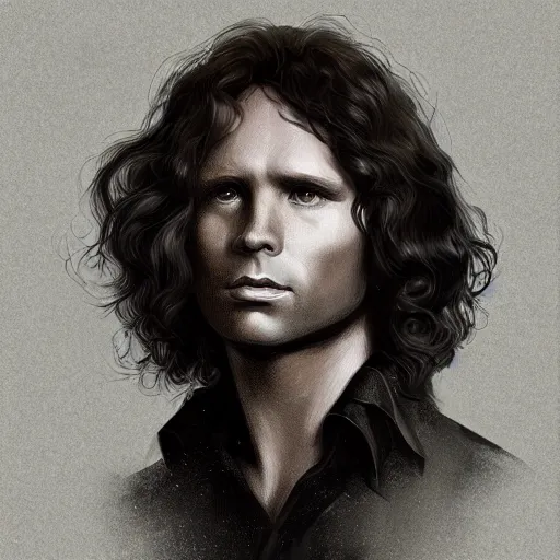 Image similar to portrait of Jim Morrison, stunning portrait, in the style of Charlie Bowater, Monia Merlo, trending on artstation, digital portrait, 8k resolution, detailed, symmetrical face, volumetric lighting, levels, Movie Lighting, Sci-Fi, Traditional Elements, Aesthetic, Fantasy, Realistic, megascans