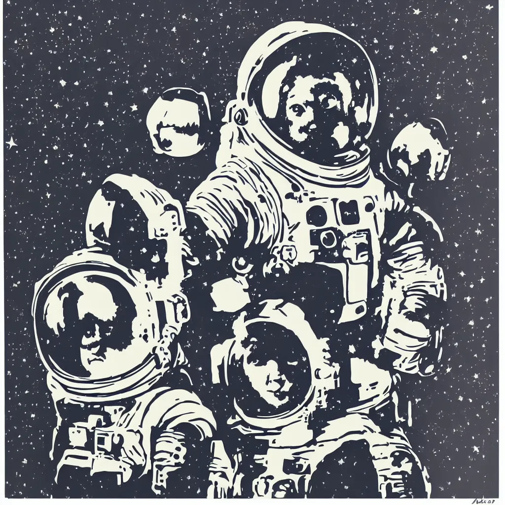 Image similar to individual furry astronaut silk screen portrait banksy style