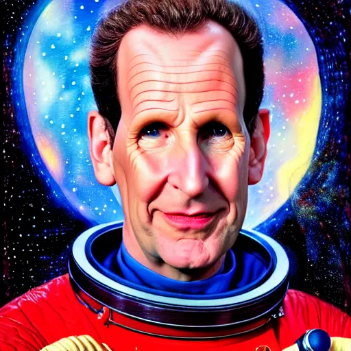 Image similar to uhd photorealistic cosmic chris barrie as arnold j. rimmer in space. amazing detail, correct face, symmetrical face, by karol bak and zawadzki, hyperdetailed. intricate details with studio lighting.