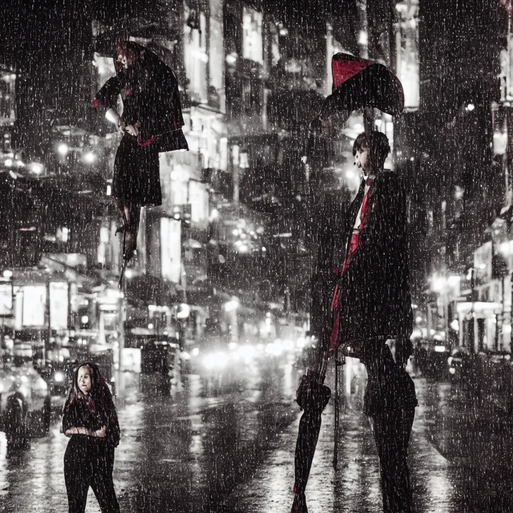 Image similar to night flash portrait photography of a high school girl in uniform on the lower east side by annie leibovitz, colorful, nighttime!, raining!