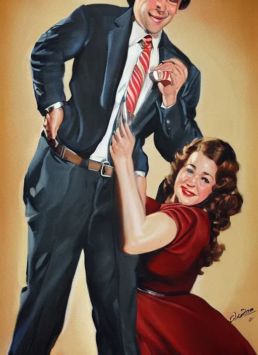 Image similar to portrait painting of jim halpert and pam beesly, dark background, in the style of gil elvgren