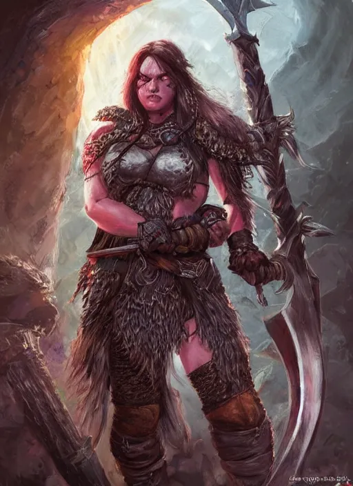 Image similar to angry female barbarian, ultra detailed fantasy, dndbeyond, bright, colourful, realistic, dnd character portrait, full body, pathfinder, pinterest, art by ralph horsley, dnd, rpg, lotr game design fanart by concept art, behance hd, artstation, deviantart, hdr render in unreal engine 5