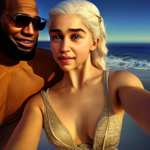 Image similar to beautiful serene intricate portrait of daenerys targaryen and lebron james taking a selfie, smiling softly, relaxing on the beach, golden hour, soft focus, 8 k, art by irakli nadar, hyperrealism, hyperdetailed, ultra realistic