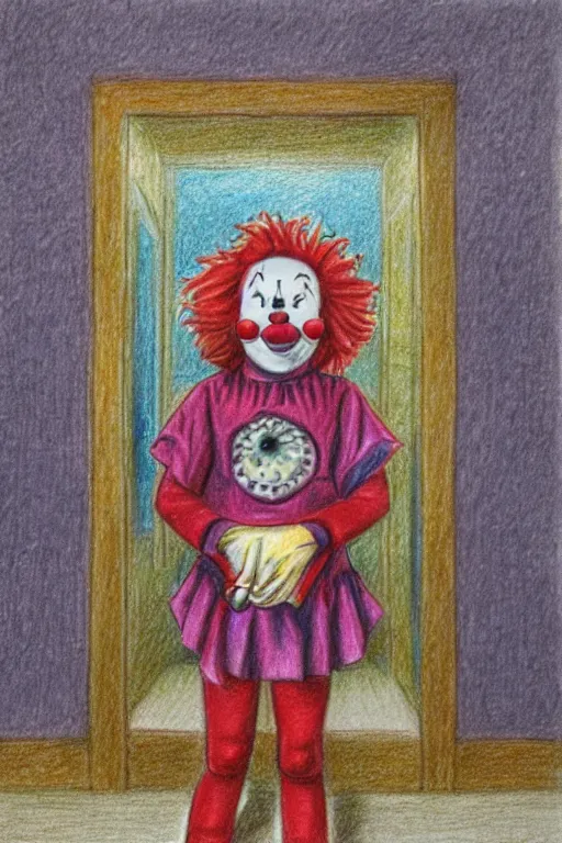 Image similar to colour pencil drawing of a Clown girl in a hallway of mirrors