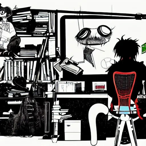 Image similar to goth nerd sitting at a computer in a cluttered room, by jamie hewlett, jamie hewlett art, gorillaz art aesthetic,