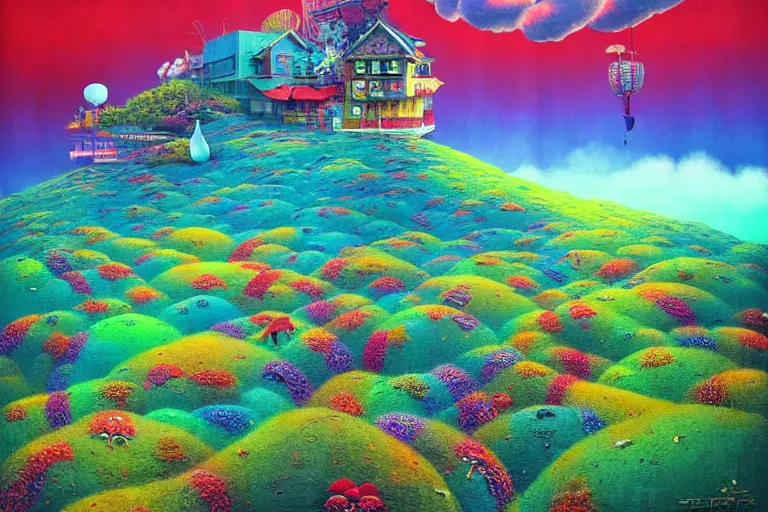 Image similar to surreal glimpse into other universe, genting highland, summer morning, very coherent and colorful high contrast, art by!!!! gediminas pranckevicius!!!!, geof darrow, floralpunk screen printing woodblock, dark shadows, hard lighting, stipple brush technique,