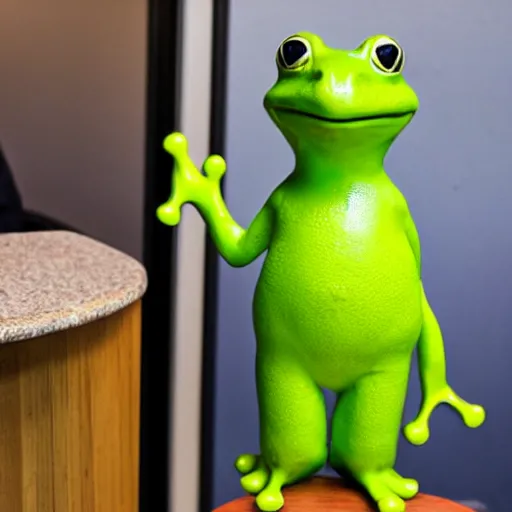 Prompt: a small frog standing on two feet at the hotel reception entry, in the style of dr. seuss