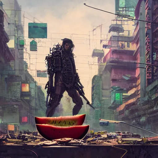 Prompt: Concept Digital Art Highly detailed giant Watermelon warlord protecting Ukrainian village from Orks by Taras Shevchenko and Stephen Hickman and Beeple. Very highly detailed 8K,Pentax 67, Kodak Portra 400 in style of Hiromasa Ogura Ghost in the Shell, the golden ratio, rational painting