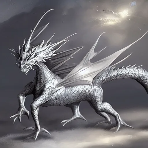 Image similar to a silver dragon fighting a night, concept art, fantasy