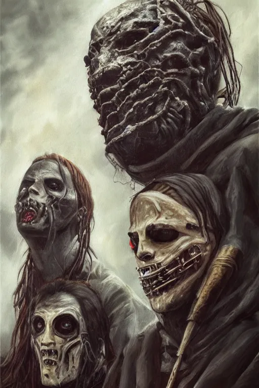 Prompt: a full body high detail fantasy portrait oil painting illustration of slipknot band by justin sweet with face and body clearly visible, in a scenic background, insane, realistic proportions, d & d, rpg, forgotten realms, artstation trending, high quality, sombre mood, artstation trending, muted colours, entire person visible!