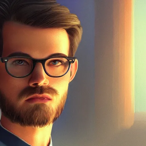 Prompt: highly detailed male character with brown hair and square glasses, 27, with text above: isbwhwrw, by Frank Lloyd Wright, reflective lighting, front view, foggy atmosphere, stunning, vivid colors, in the style of pixar animation, trending on Artstation, 8k, matte painting, ray tracing, hyper detailed, unreal engine 5, cinematic, epic lighting, cryengine, octane render, cyberpunk, red and orange glow, vibrant