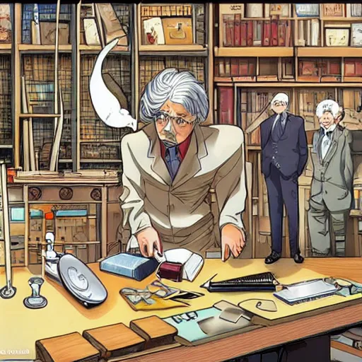 Prompt: inside the workshop with alan turing cracking the enigma with the help of albert einstein, anime, manga style,