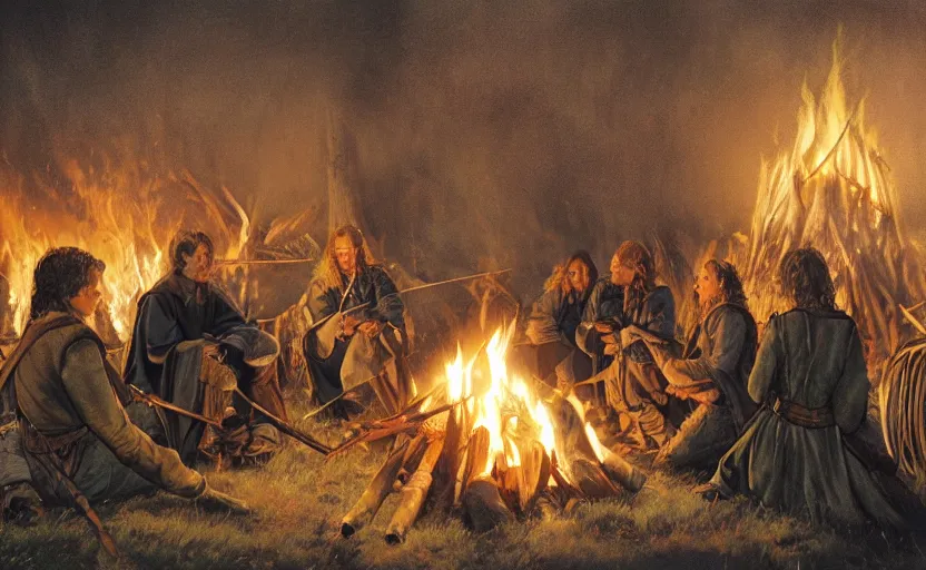 Prompt: illustration of the fellowship of the ring making s'mores around a campfire