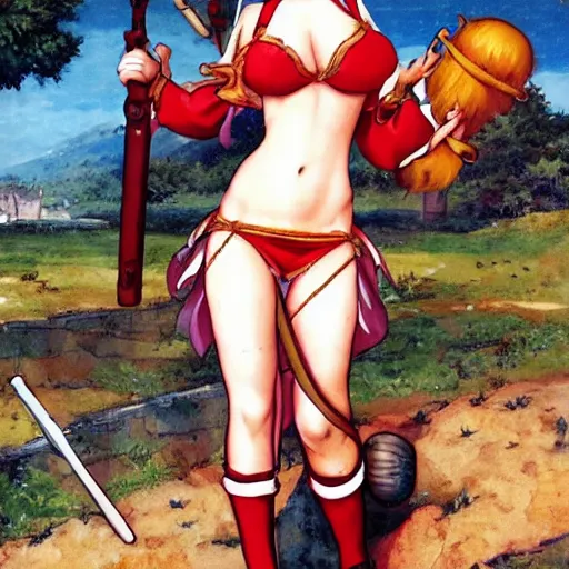 Image similar to 1 5 th century ronald mcdonald siege weapons with pretty anime girl in bikini
