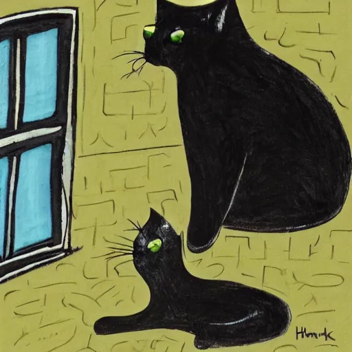 Image similar to sad black cat outside clawing at window, by Tom hammick