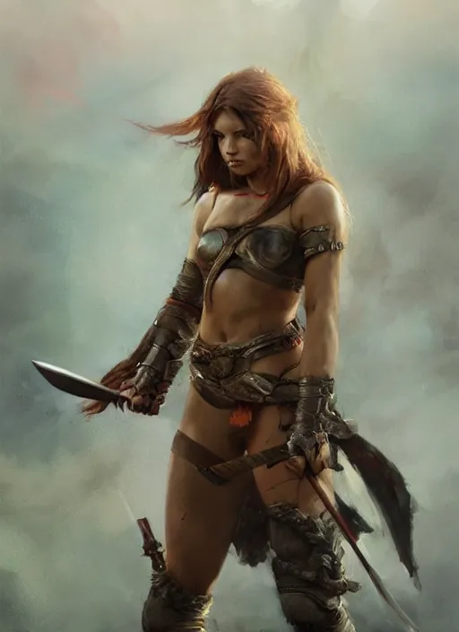 Image similar to hyper realistic photography, warrior girl with sword in her hand, full body, rule of thirds, human proportion, good anatomy, beautiful face, conceptart, saturated colors, cinematic, vallejo, frazetta, greg rutkowski