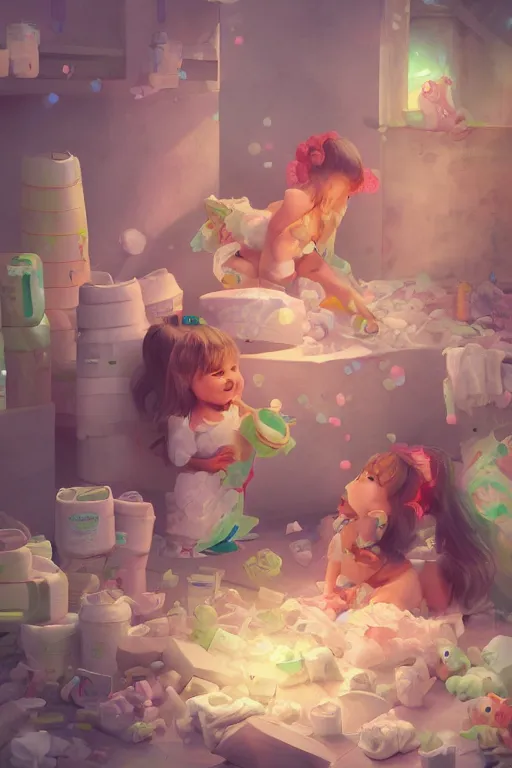 Prompt: Diaper Disposal Factory, Overflowing with Diapers, digital art, fantasy, trending on artstation, professional illustration, cgsociety, ultra detailed, volumetric lighting, celshaded, colorful, girly, lively, cute