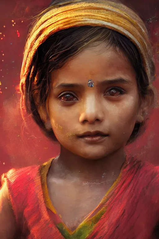 Image similar to hindu little girl, joyful, close - up portrait, intricate, elegant, volumetric lighting, scenery, digital painting, highly detailed, artstation, sharp focus, illustration, concept art, ruan jia, steve mccurry