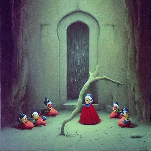 Image similar to Snow White and The Seven Dwarfs in style of Zdislaw Beksinski