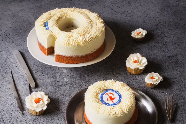 Prompt: a vanilla cake with aphex twin logo frosting on top, product photography