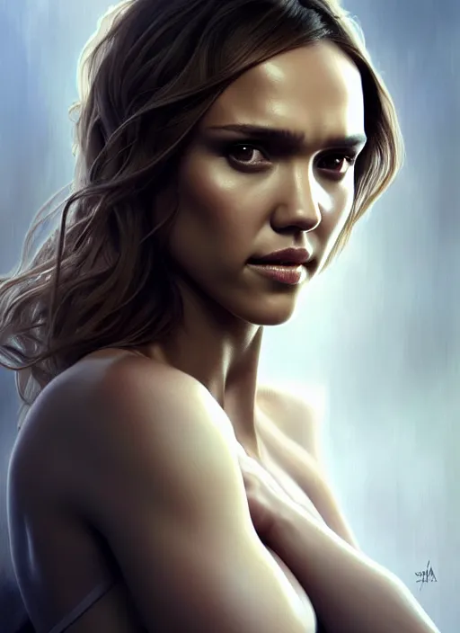 Image similar to Jessica alba face mixed with Nathalie Portman, the pure white demon, overlord, overlord season 4, body portrait, slight smile, highly detailed, digital painting, artstation, concept art, sharp focus, illustration, art by wlop and greg rutkowski and alphonse mucha and artgerm