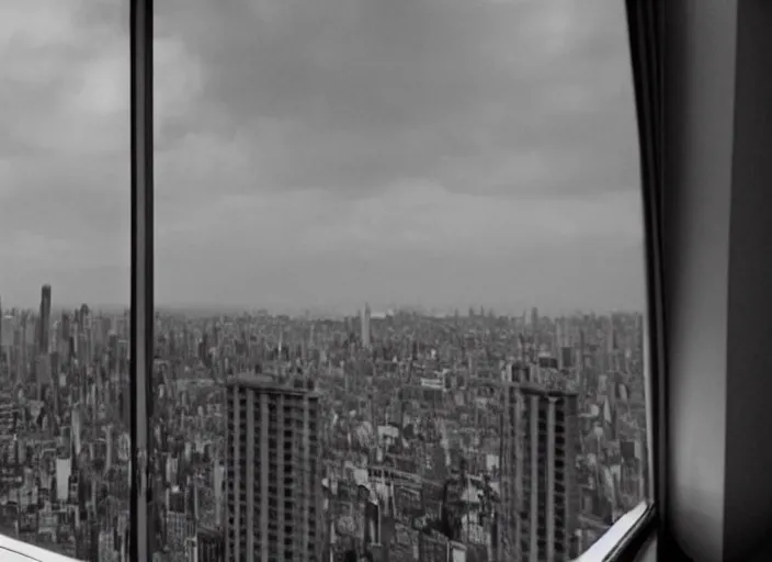 Prompt: screenshot cinematic wide shot from moody scene of Donald Trump pensive in trump tower apartment, from the film High and Low, 1963 directed by Akira Kurosawa, kodak film stock, black and white, anamorphic lens, 4K, detailed, stunning cinematography and composition shot by Takao Saito, 70mm