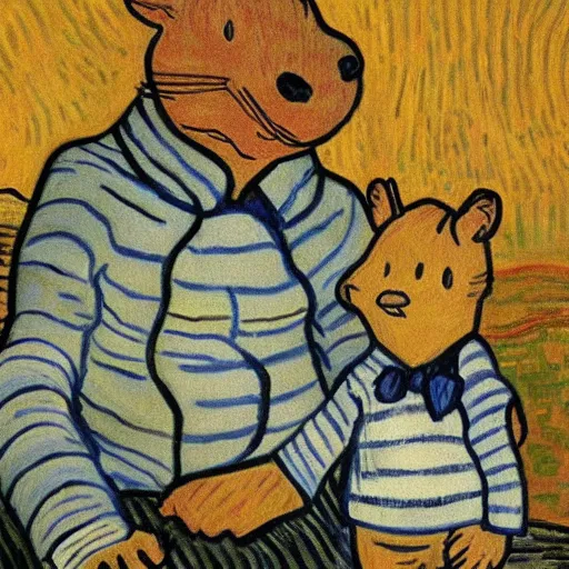 Image similar to portrait of calvin and hobbs, detailed, by beatrix potter annd van gogh