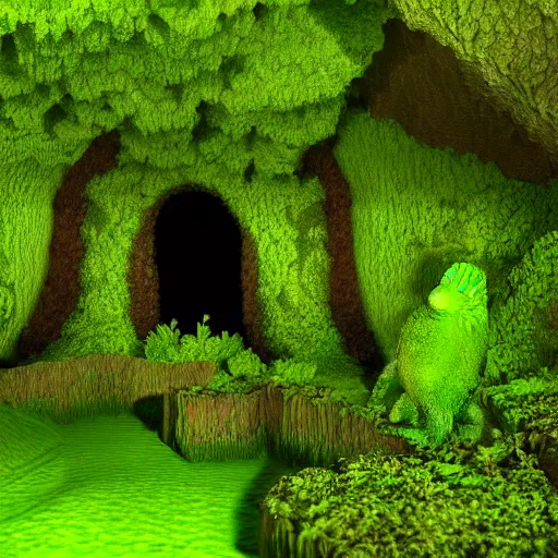 Prompt: Isometric render of a mossy cave