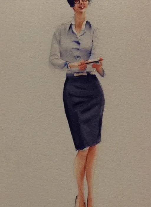 Image similar to concept art of a modern office life, young attractive business woman, pencil miniskirt, pinterest, artstation trending, behance, watercolor, by coby whitmore, silver, laser light,