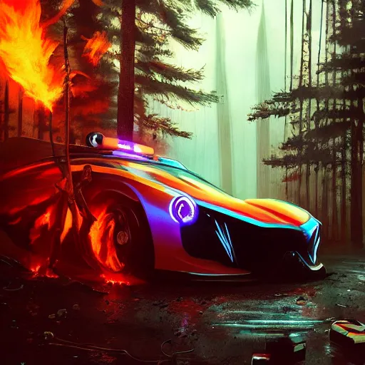 Image similar to cyberpunk car on fire in the middle of the woods, stylized, artgerm, artstation, hd, cgsociety, cgi, realistic, dramatic, cinematic, artistic, trending, detailed