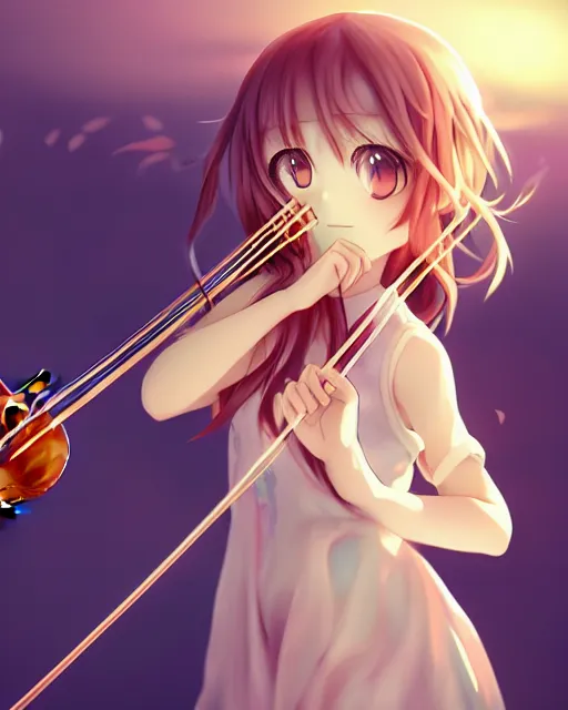 Image similar to anime style, chibi, full body, a cute girl with white skin and golden long wavy hair holding a violin and playing a song, heavenly, stunning, modern art, lunar time, trending art, sharp focus, centered, landscape shot, happy, fleeting dream, simple background, studio ghibly makoto shinkai yuji yamaguchi, by wlop