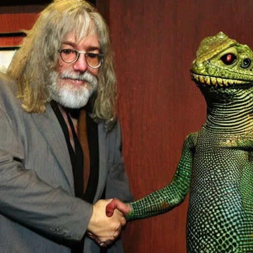 Image similar to A lizard person shaking hands with a religious icon, horror, black metal