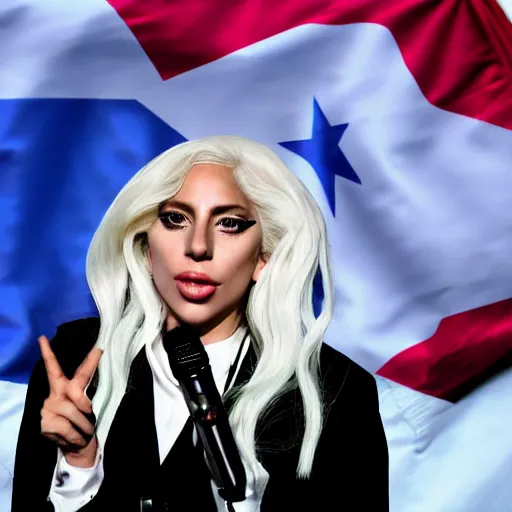 Image similar to Lady Gaga as president, Argentina presidential rally, Argentine flags behind, bokeh, giving a speech, detailed face, Argentina