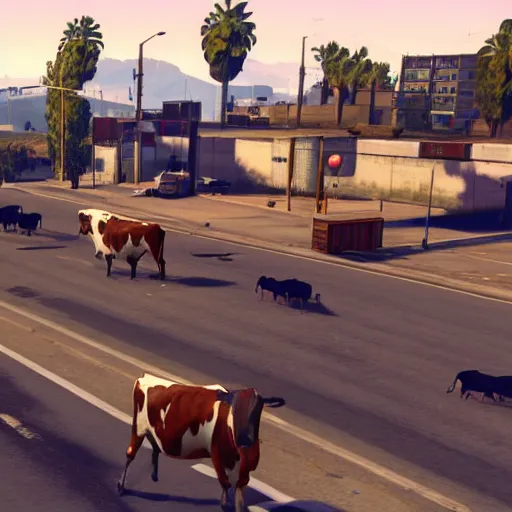 Prompt: a game screenshot of grand theft auto v, with cows in the street, standing up and holding guns.