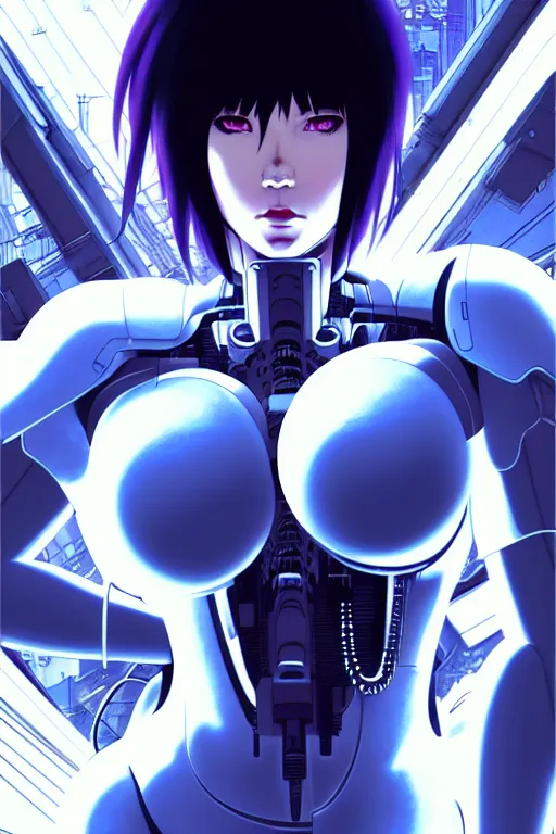 Prompt: a still fullbody portrait of semi biomechanical motoko kusanagi ghost in the shell, finely detailed features, closeup at the faces, perfect art, at a cyberpunk city, gapmoe yandere grimdark, trending on pixiv fanbox, by ilya kuvshinov, rossdraws, artgerm