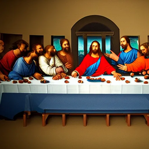 Image similar to in a space technology museum, a futuristic hologram art of The Last Supper by Leonardo Da Vinci