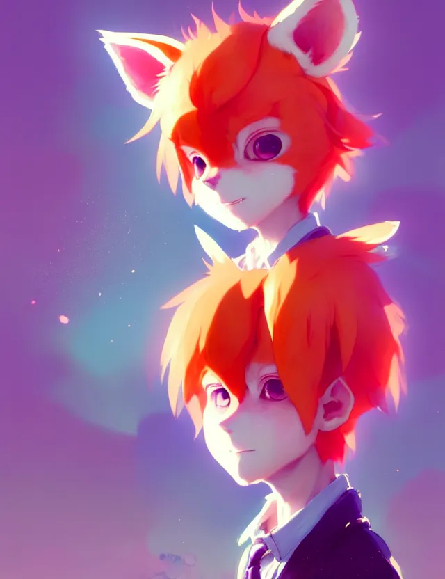 Image similar to a beautiful fullbody portrait of a cute anime boy with orange hair and pink fox ears. character design by cory loftis, fenghua zhong, ryohei hase, ismail inceoglu and ruan jia. artstation, volumetric light, detailed, photorealistic, fantasy, rendered in octane