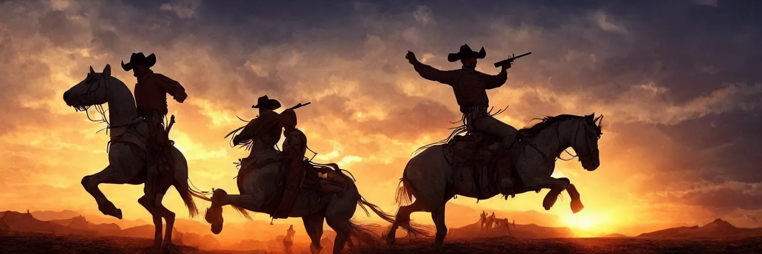 Image similar to a cowboy riding a horse and shooting a gun into the air, wild west background, sunset. digital art. amazing quality. perfect lighting. Professional design. Great composition. Mind blowing detail. award winning art. impressive colors. trending on artstation.