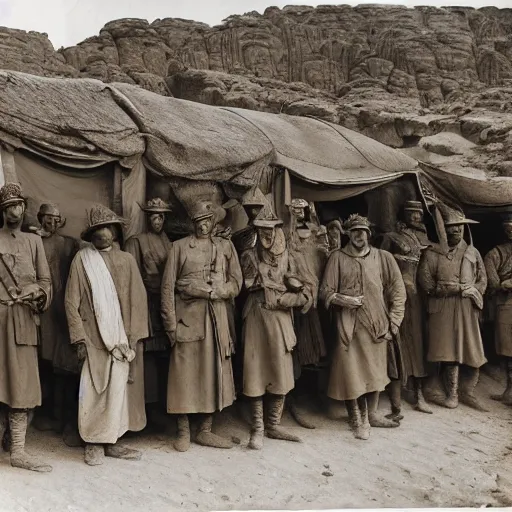 Image similar to ultra detailed photorealistic sepia - toned photo from 1 9 1 7, 5 clean - shaven british soldiers standing with bedouin traders in traditional arab garb, at an archaeological dig site in wadi rum, ultra realistic, painted, intricate details, lovecraft, atmospheric, dark, horror, brooding, highly detailed, by clyde caldwell