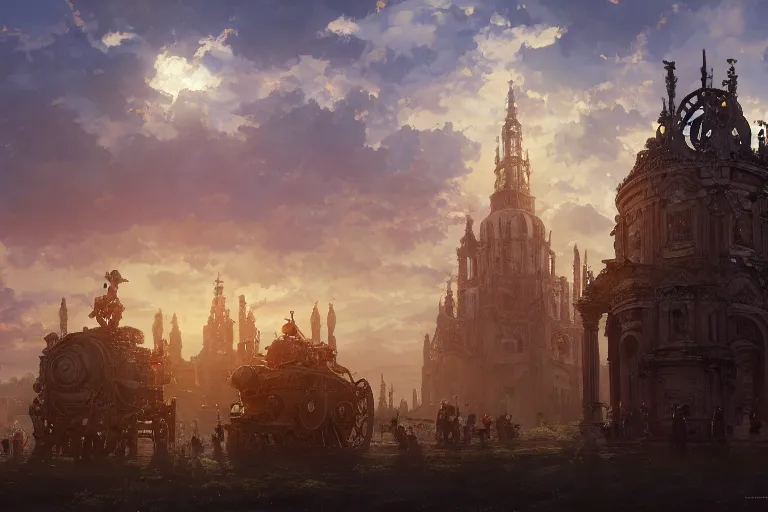 Prompt: an ornate baroque church with tank chains, mortal engines, scene in an open field. key visual, conceptart, ambient lighting, highly detailed, digital painting, artstation, concept art, sharp focus, by makoto shinkai and akihiko yoshida and greg manchess