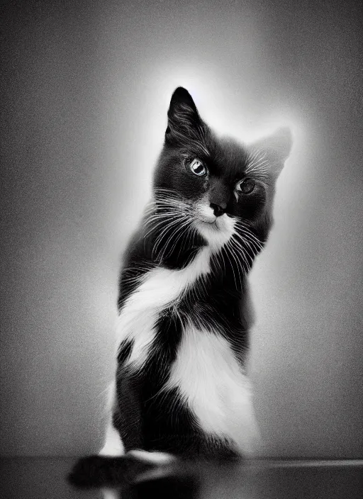 Image similar to cinematic shot epic black and white cat, hyper realistic, mood lighting, fantasy, detailed cat, highly detailed, super realistic, perfect lighting pixel sorting, style sheet