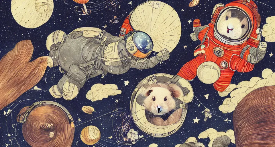 Image similar to guineapigs's portrait on the cover of vogue magazine flying in space suits, deep dark universe, twinkling and spiral nubela, warmhole, beautiful stars, 4 k, 8 k, by hokusai, samurai man vagabond, detailed, editorial illustration, matte print, concept art, ink style, sketch, digital 2 d