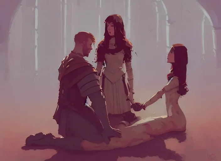 Image similar to brunette male lord knelt before the red - haired queen, medieval times by atey ghailan, by greg rutkowski, by greg tocchini, by james gilleard, by joe fenton, by kaethe butcher, dynamic lighting, gradient light blue, brown, blonde cream and white color scheme, grunge aesthetic