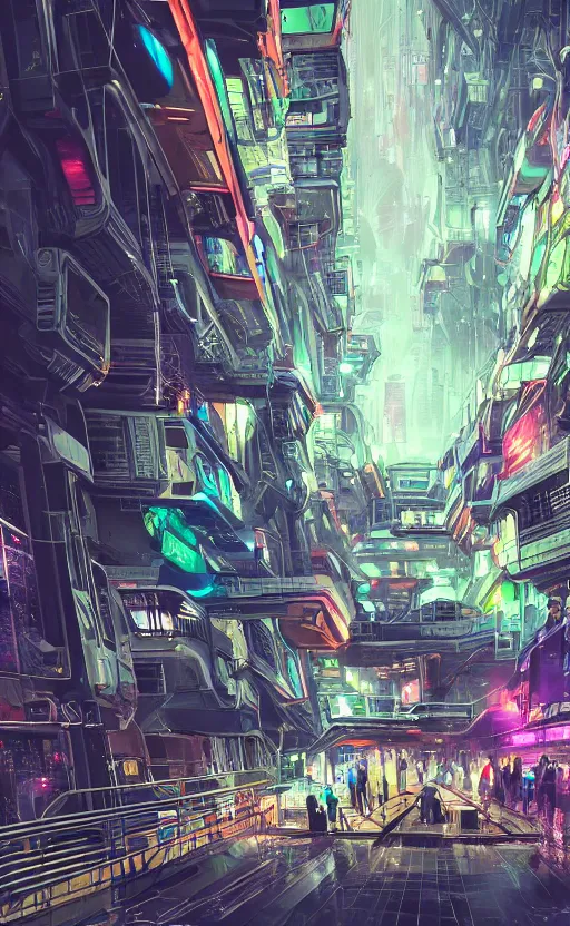 Prompt: lively futuristic sci-fi city superstructure, neon lights and illuminated windows, grungy textured graffiti, crowds of people, flying starships, cinematic street view, long sight lines with starry sky, clean 8k sci-fi illustration, trending on art station