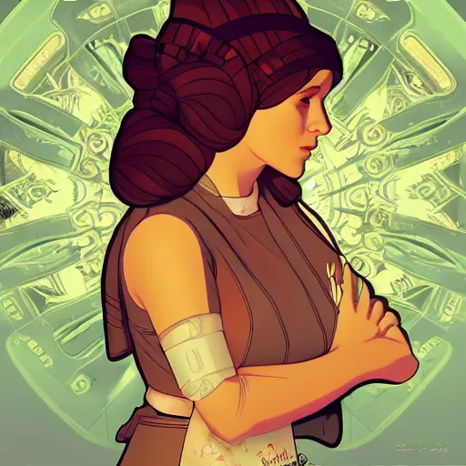 Image similar to Young Carrie Fisher as Princess Leia, ambient lighting, 4k, alphonse mucha, lois van baarle, ilya kuvshinov, rossdraws, artstation