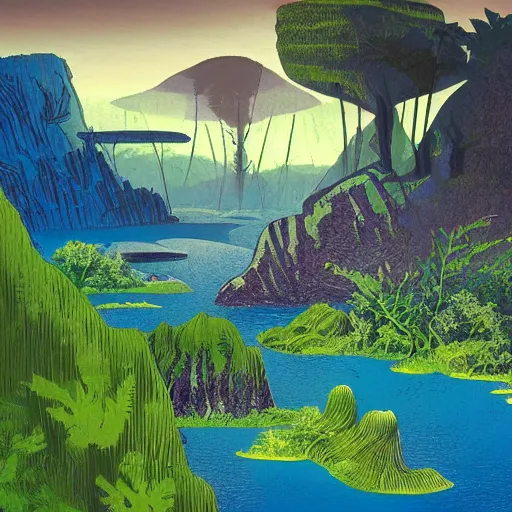 Prompt: illustration of a lush natural scene on an alien planet by brian millar. beautiful landscape. colourful weird vegetation. cliffs and water.