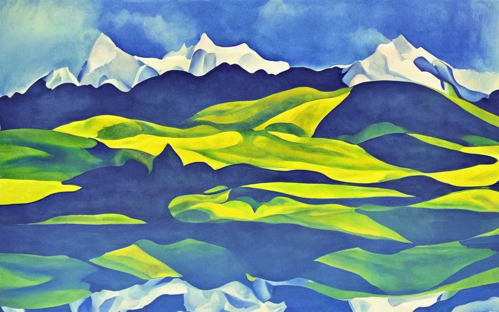 Image similar to the alps and reflection in a lake in the style of georgia o keeffe. colorful, wavy. painting. medium long shot. perspective. color palette of blue, yellow, purple, green.