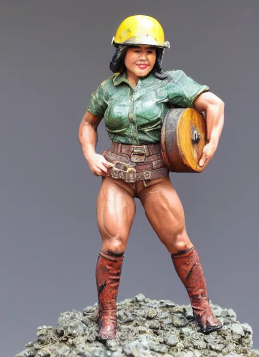 Prompt: 80mm resin detailed miniature of a very Muscular miner woman, tops, helmet, navel, boots, Logo, textured base; Product Introduction Photos, 4K, view from front