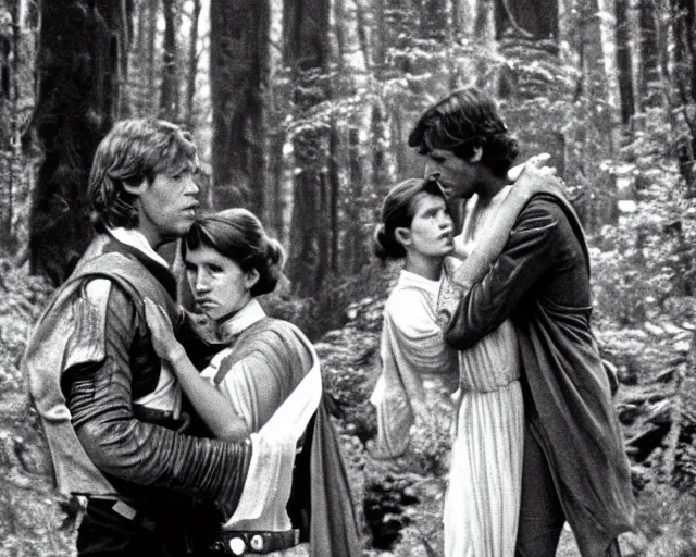 Image similar to luke skywalker, princess leia and han solo hugging and kissing in the forest of endor at the end of return of the jedi, faster, more intense