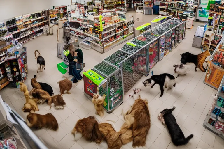 Image similar to overhead view, surveillance, empty pet store with some pets moving around on the floor